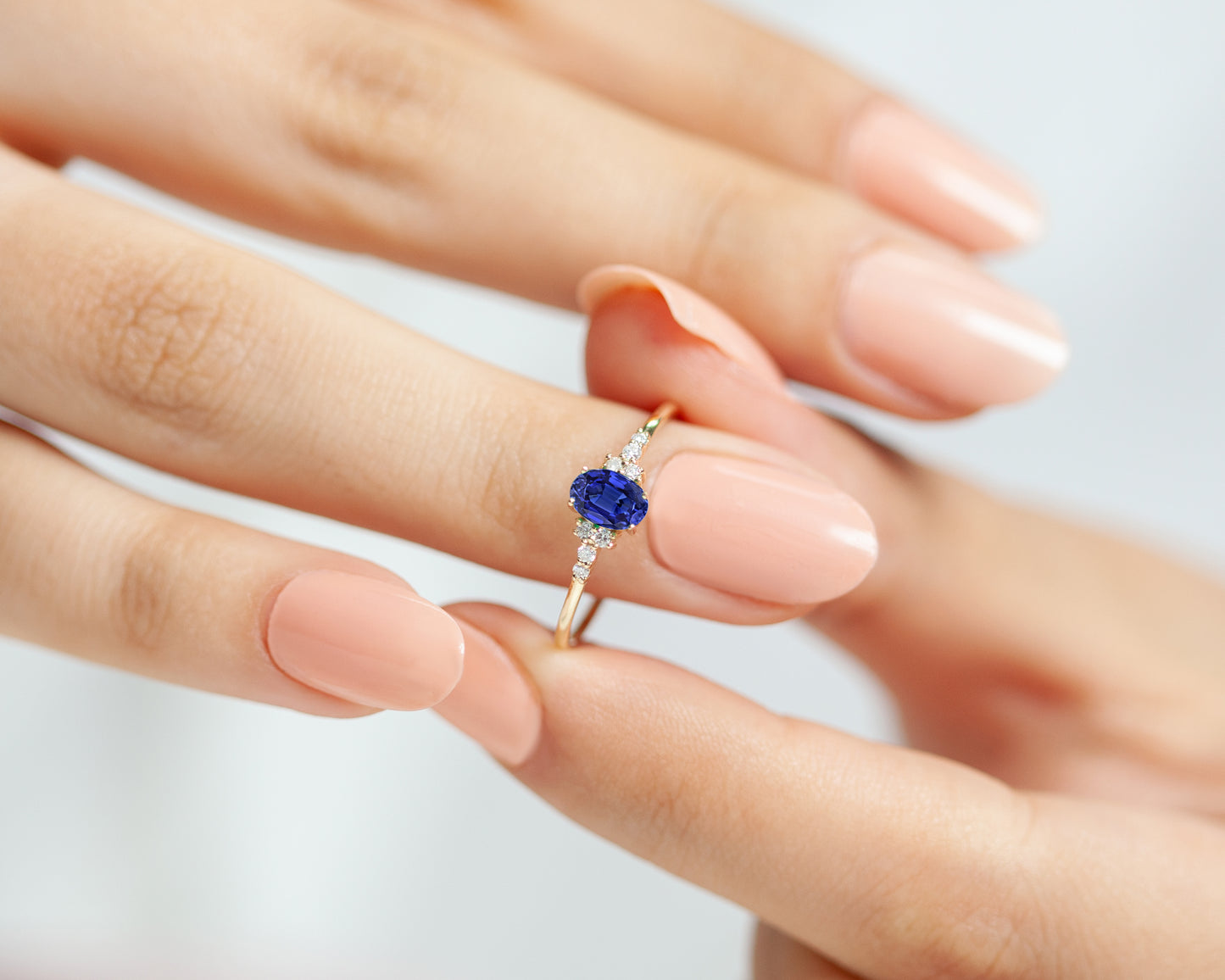 Sapphire Oval Cut with Sprinkled Diamonds 14K Solid Yellow Gold Ring | LR00054DS