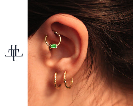 Cartilage Hoop Baguette Cut Emerald Clicker Single Earring 14K White Rose and Yellow Gold
