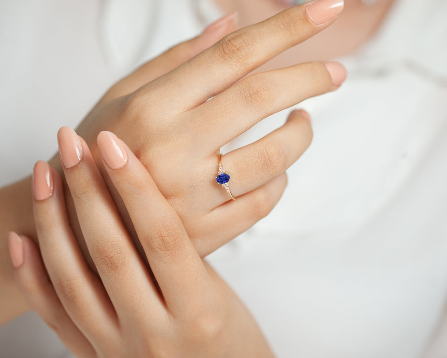 Sapphire Oval Cut with Sprinkled Diamonds 14K Solid Yellow Gold Ring | LR00054DS