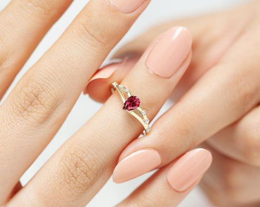 Crown Ruby Drop cut with Sprinkled Diamonds 14K Gold Ring | LR00056DR