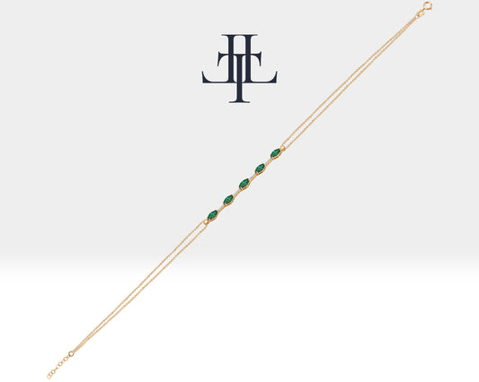 Dainty Minimalist Bracelet with Marquise Emerald and Tiny Diamond Bracelets in 14K Solid Gold Bracelet for Women