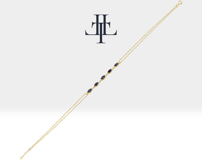 Dainty Minimalist Bracelet with Marquise Sapphire and Tiny Diamond Bracelets in 14K Solid Gold Bracelet for Women