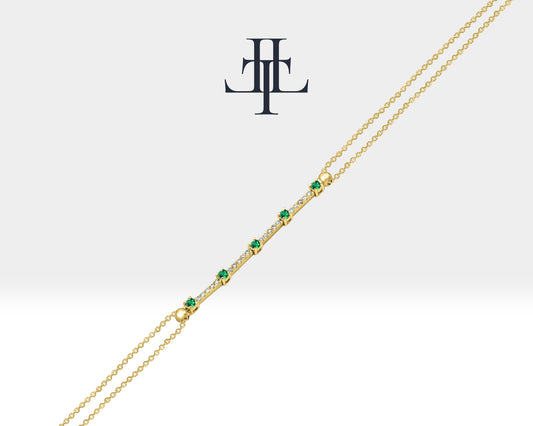 Thin Chain Bracelet with Green Garnet and Tiny Diamond Bracelets in 14K Solid Gold Bracelet for Women