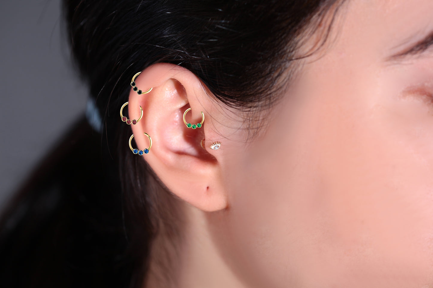 Cartilage Hoop , 3 Round Cut Sapphire Clicker , Single Earing , 14K Yellow Gold