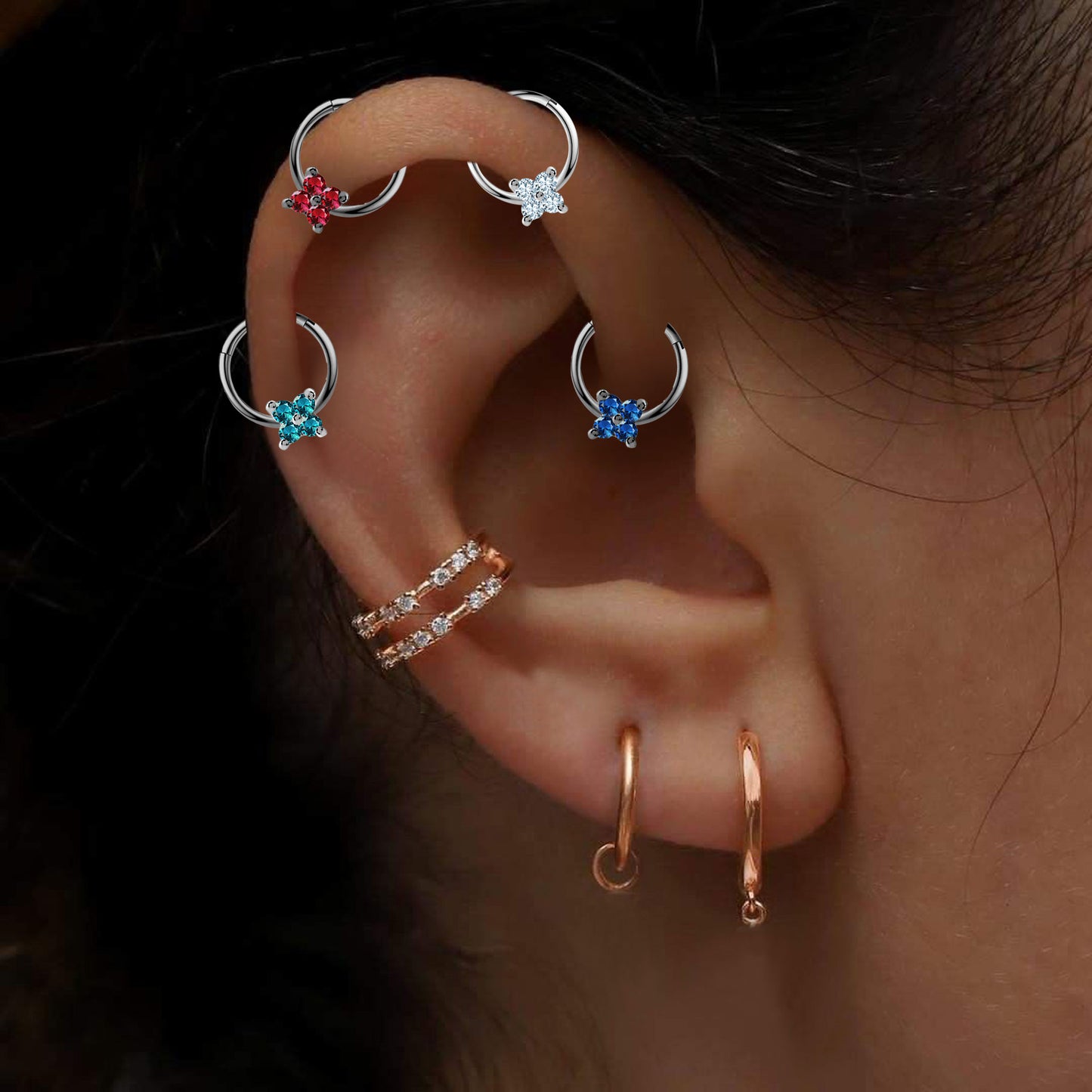 Cartilage Hoop Clicker,Four Round Topaz Clicker,Flower Design Single Earring,14K Gold,18G(1.00mm)