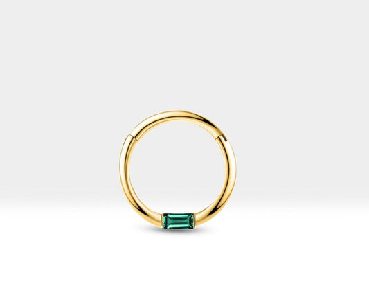 Cartilage Hoop Baguette Cut Emerald Clicker Piercing Single Daith Earring 14K Gold