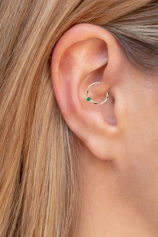 Cartilage Hoop Round Cut Green Garnet Clicker Piercing , Single Earring , 14K Solid Gold