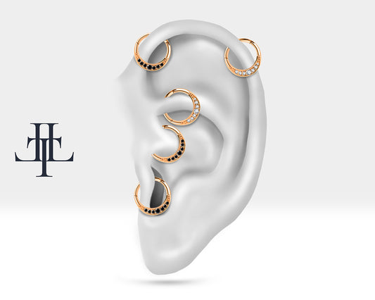 Hoop Cartilage in 14K Yellow Solid Gold Helix Piercing with Black Diamond,16G,12mm