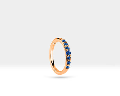 Hoop Clicker Piercing with Sapphire in 14K Solid Gold 16G Single Earring 12mm Outer