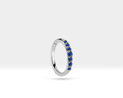 Hoop Clicker Piercing with Sapphire in 14K Solid Gold 16G Single Earring 12mm Outer