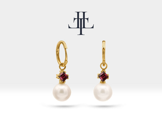 Pearl Earrings in 14K Yellow Solid Gold Earring with Pearl and Princess cut Ruby Huggies Hoop Earring for Wedding Jewelry | LE00078PR