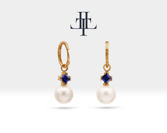 Pearl Earrings in 14K Yellow Solid Gold Earring with Pearl and Princess cut Sapphire Huggies Hoop Earring for Wedding Jewelry | LE00078PS