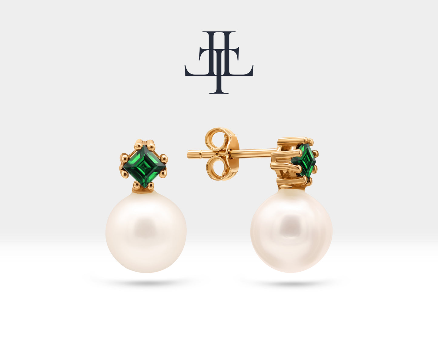 Stud Earrings with Pearl and Princess cut Emerald Earring in 14K Yellow Solid Gold Wedding Jewelry for Brides | LES00003PE