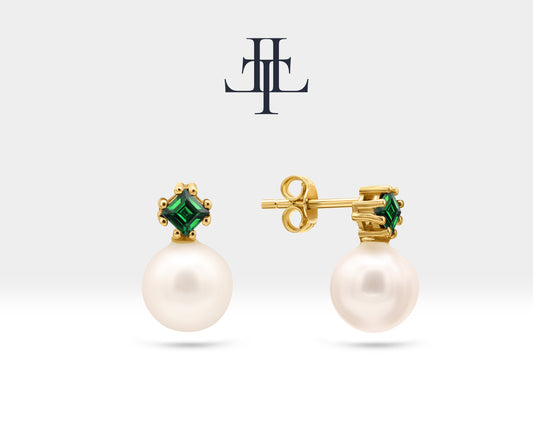 Stud Earrings with Pearl and Princess cut Emerald Earring in 14K Yellow Solid Gold Wedding Jewelry for Brides | LES00003PE