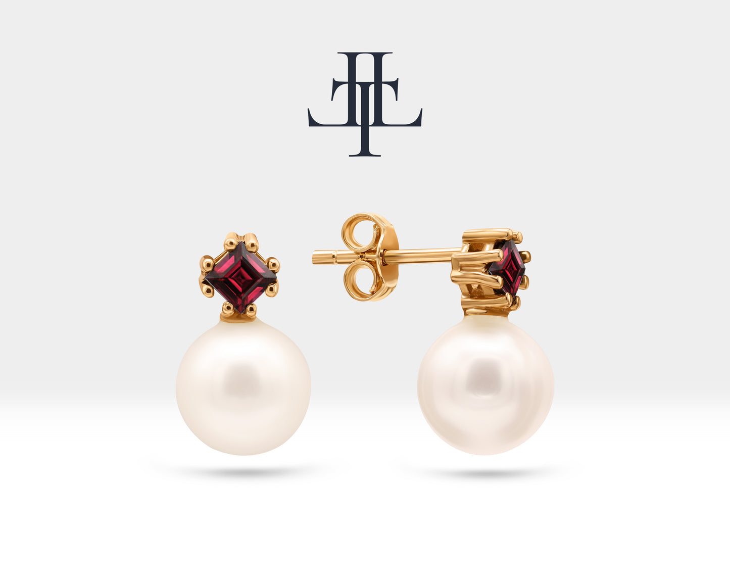 Stud Earrings with Pearl and Princess cut Ruby Earring in 14K Yellow Solid Gold Wedding Jewelry for Brides | LES00003PR