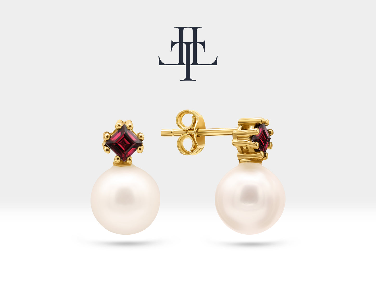 Stud Earrings with Pearl and Princess cut Ruby Earring in 14K Yellow Solid Gold Wedding Jewelry for Brides | LES00003PR