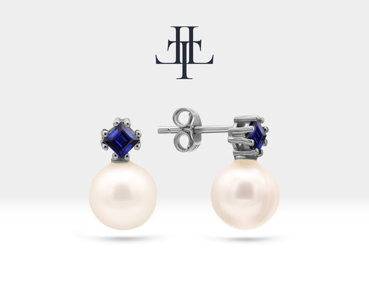Stud Earrings with Pearl and Princess cut Sapphire Earring in 14K Yellow Solid Gold Wedding Jewelry for Brides | LES00003PS