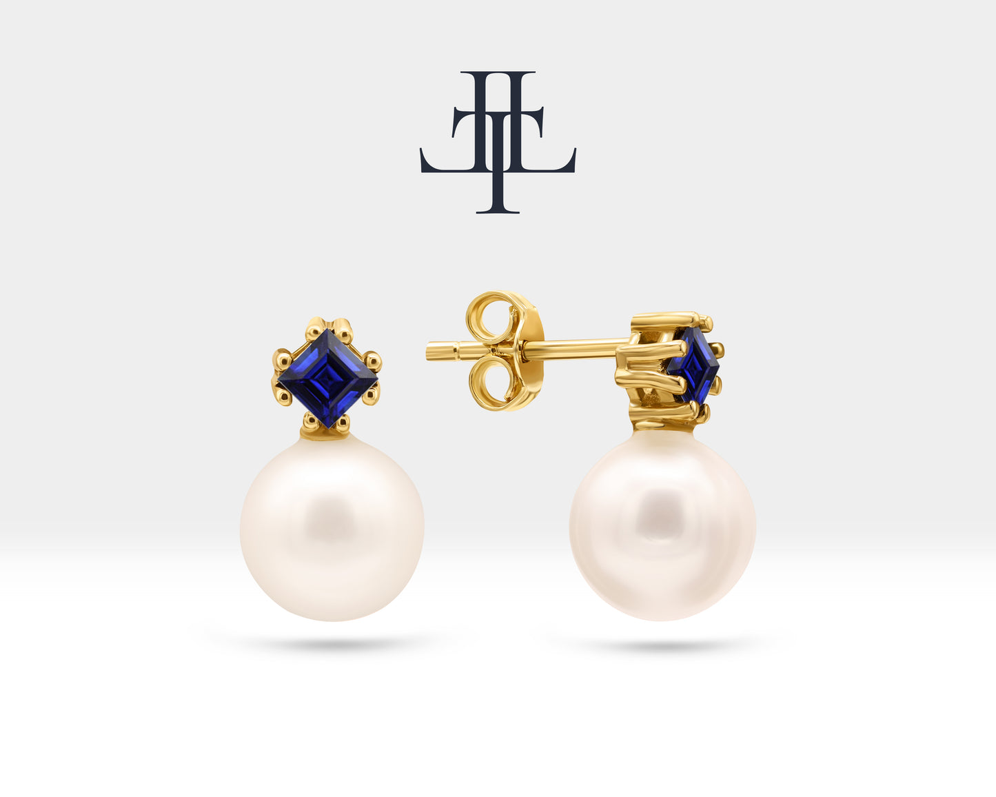 Stud Earrings with Pearl and Princess cut Sapphire Earring in 14K Yellow Solid Gold Wedding Jewelry for Brides | LES00003PS