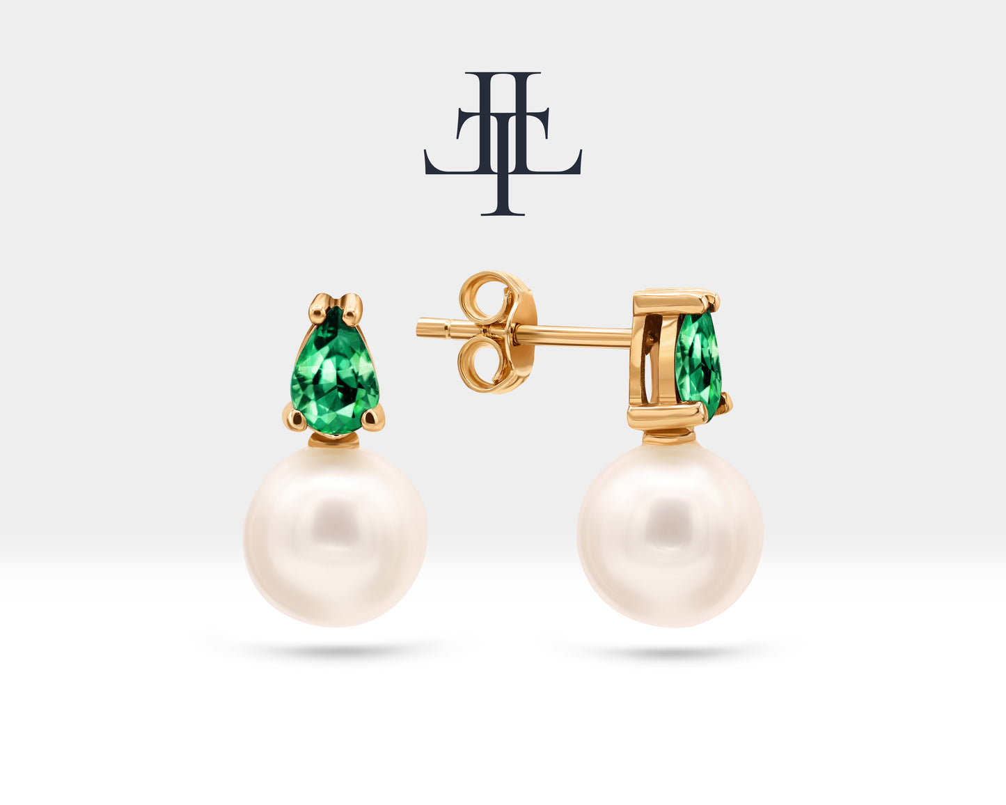 Pearl Earrings in 14K Solid Gold Pearl Earring with Pear Cut Emerald Stud Earrings for Bridal Jewelry | LES00004PE