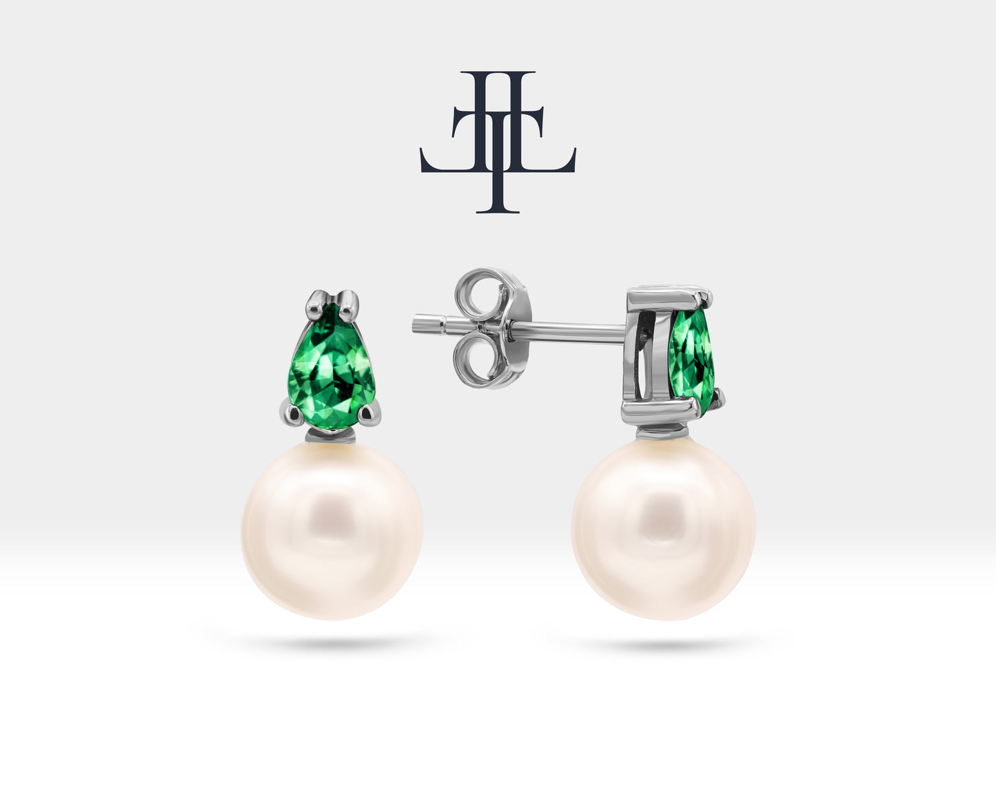 Pearl Earrings in 14K Solid Gold Pearl Earring with Pear Cut Emerald Stud Earrings for Bridal Jewelry | LES00004PE