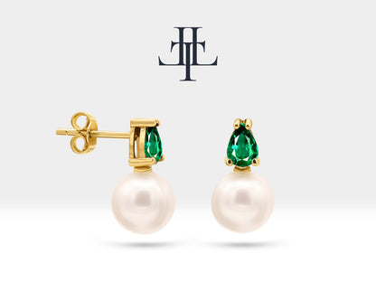 Pearl Earrings in 14K Solid Gold Pearl Earring with Pear Cut Emerald Stud Earrings for Bridal Jewelry | LES00004PE