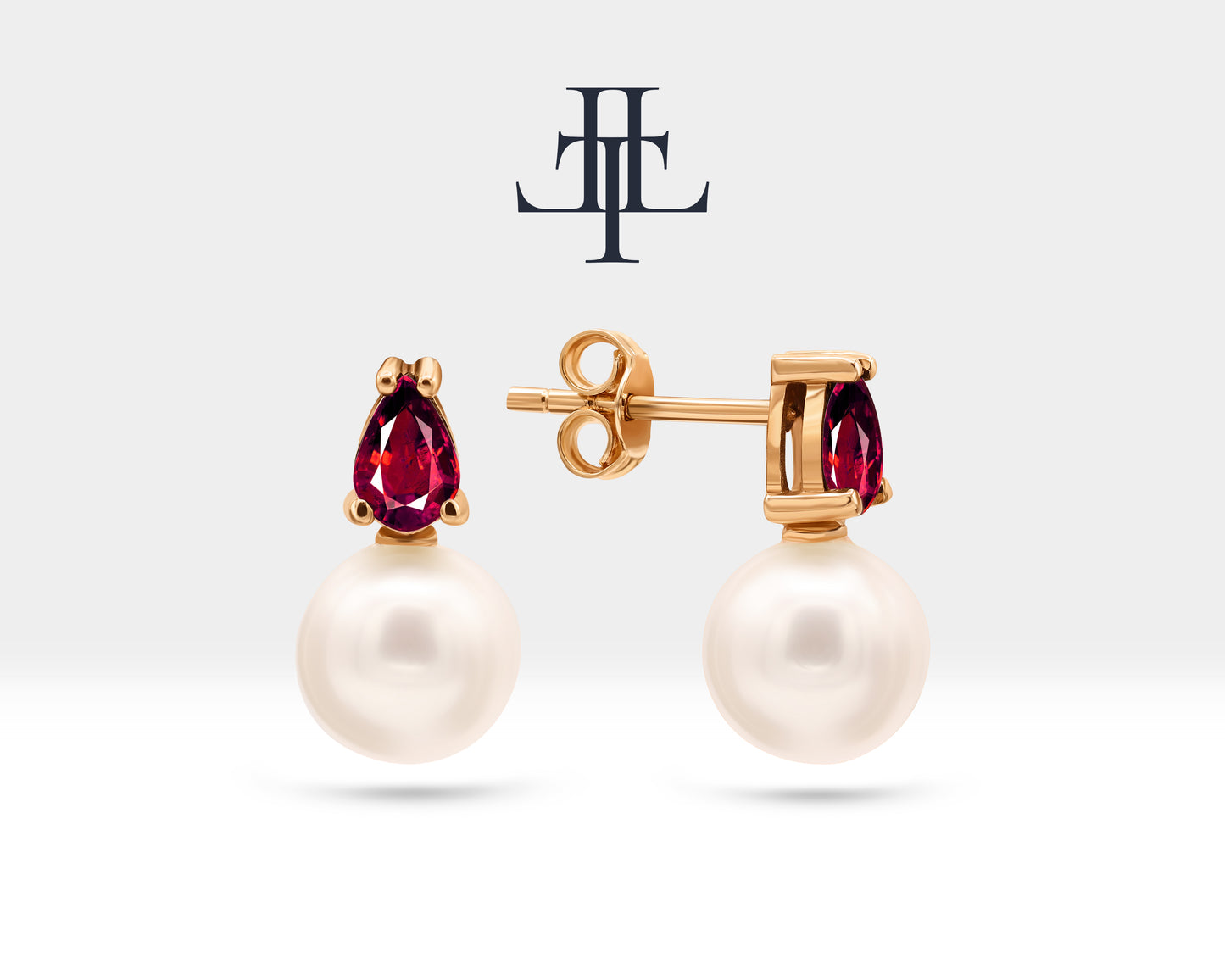 Pearl Earrings in 14K Solid Gold Pearl Earring with Pear Cut Ruby Stud Earrings for Bridal Jewelry |  LES00004PR