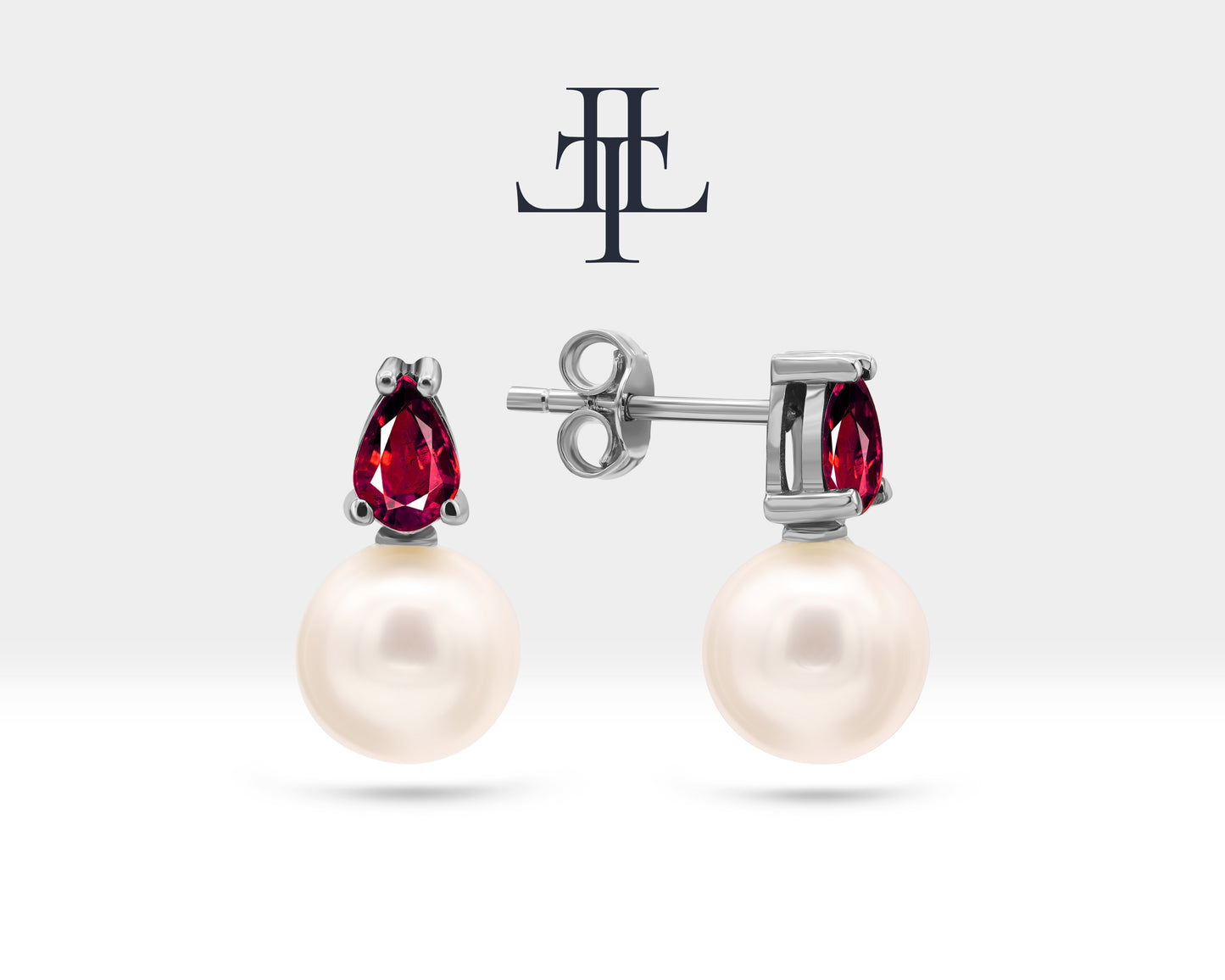 Pearl Earrings in 14K Solid Gold Pearl Earring with Pear Cut Ruby Stud Earrings for Bridal Jewelry |  LES00004PR