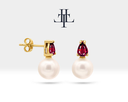 Pearl Earrings in 14K Solid Gold Pearl Earring with Pear Cut Ruby Stud Earrings for Bridal Jewelry |  LES00004PR