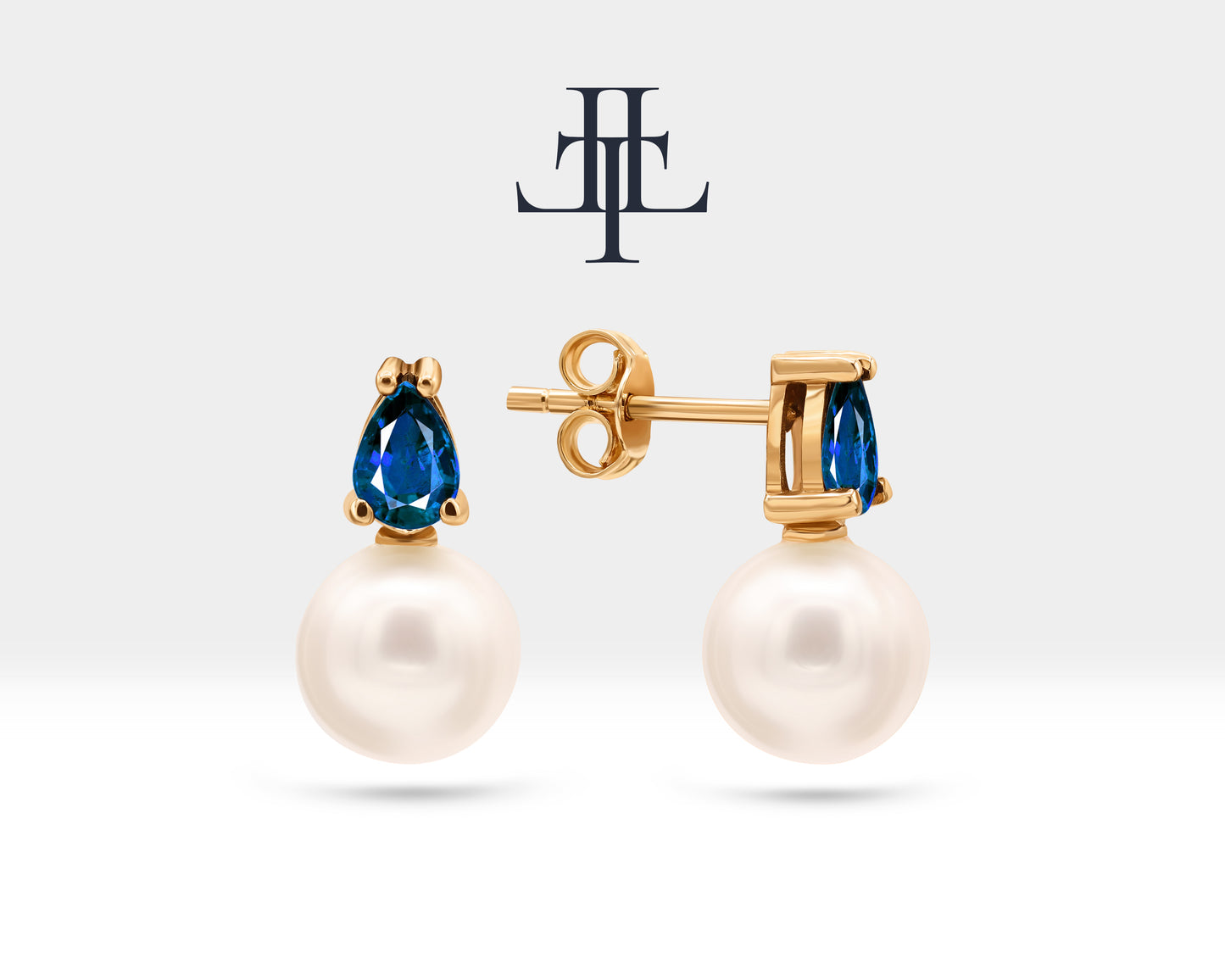 Pearl Earrings in 14K Solid Gold Pearl Earring with Pear Cut Sapphire Stud Earrings for Bridal Jewelry |  LES00004PS