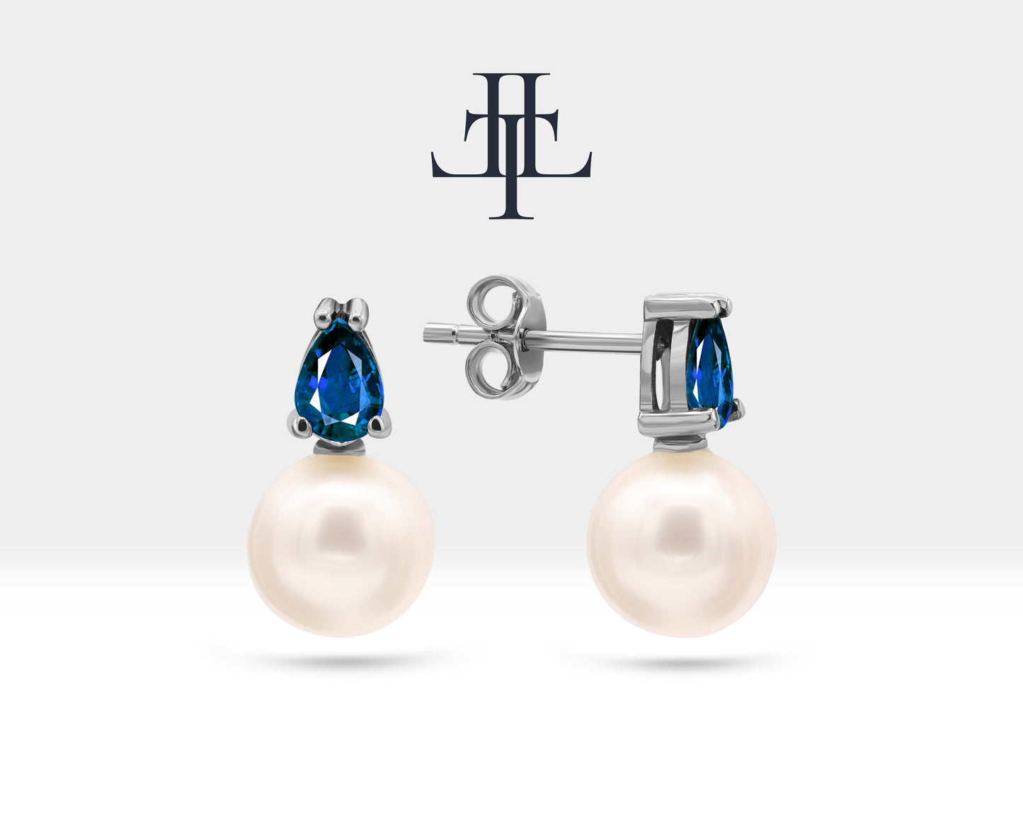 Pearl Earrings in 14K Solid Gold Pearl Earring with Pear Cut Sapphire Stud Earrings for Bridal Jewelry |  LES00004PS