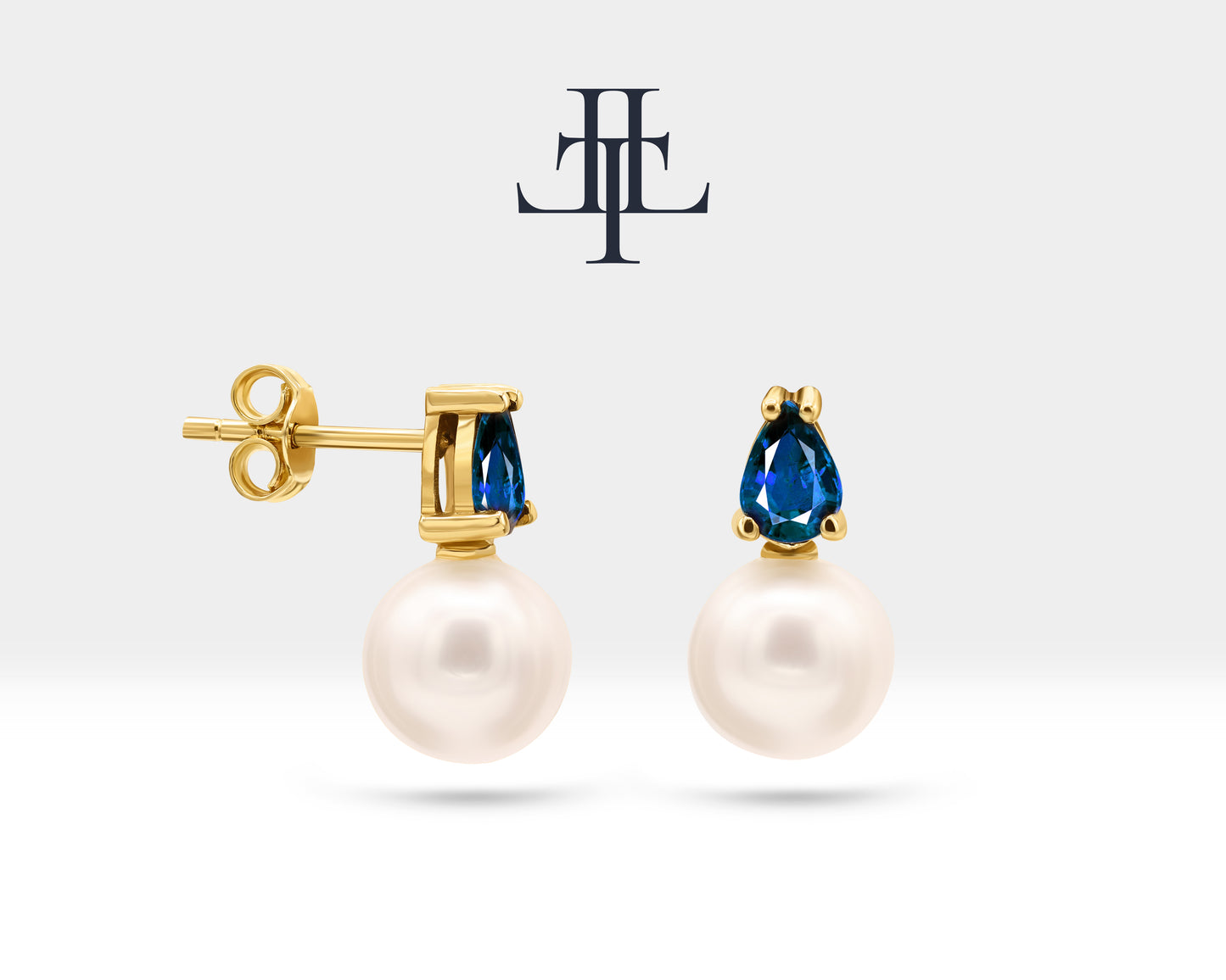 Pearl Earrings in 14K Solid Gold Pearl Earring with Pear Cut Sapphire Stud Earrings for Bridal Jewelry |  LES00004PS