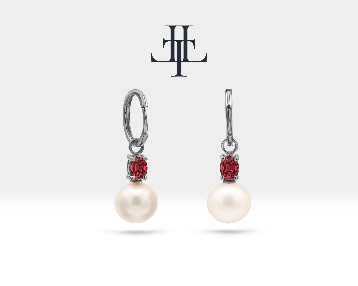 Pearl Earring with Oval Cut Ruby Huggies Hoop in 14K Solid Gold Bridal Jewelry Earrings Dangle Hoops for Wedding | LE00079PR