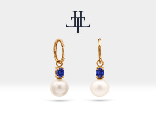 Pearl Earring with Oval Cut Sapphire Huggies Hoop in 14K Solid Gold Bridal Jewelry Earrings Dangle Hoops for Wedding | LE00079PS