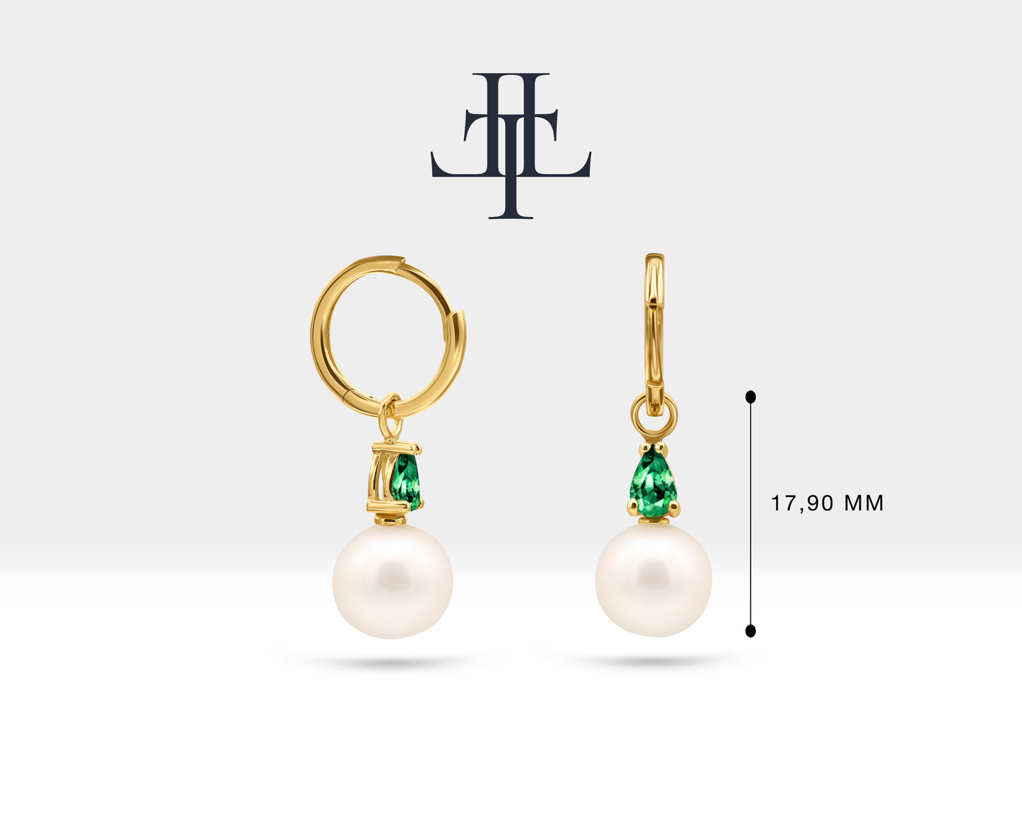 Pearl Earrings with Pear Cut Emerald Dangle Hoops in 14K Solid Gold Pearl Earring for Bridal Jewelry Wedding Earrings  |  LE00080PE