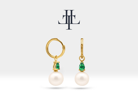 Pearl Earrings with Pear Cut Emerald Dangle Hoops in 14K Solid Gold Pearl Earring for Bridal Jewelry Wedding Earrings  |  LE00080PE