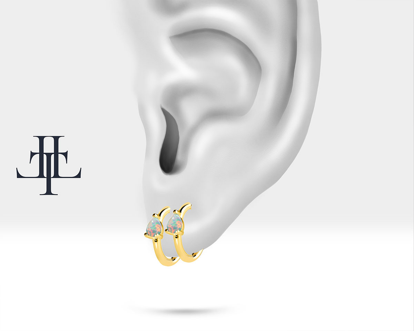 Hoop Earring in 14K Yellow White Rose Solid Gold Huggies Hoop Single-Pair Earring with Pear Cut Opal