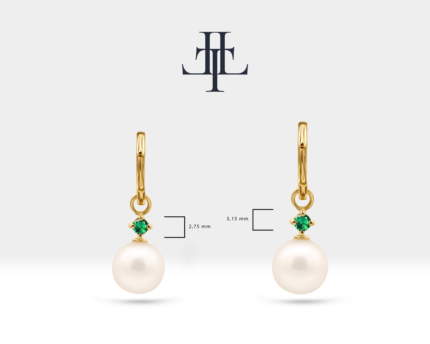 Bridal Jewelry with Round Cut Emerald Earrings in 14K Solid Gold Dangle Hoop Pearl Earrings for Women Wedding Jewelry