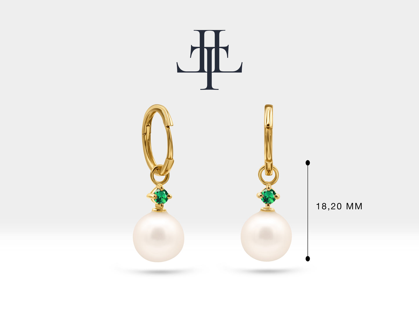 Bridal Jewelry with Round Cut Emerald Earrings in 14K Solid Gold Dangle Hoop Pearl Earrings for Women Wedding Jewelry