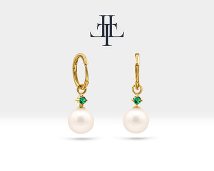 Bridal Jewelry with Round Cut Emerald Earrings in 14K Solid Gold Dangle Hoop Pearl Earrings for Women Wedding Jewelry