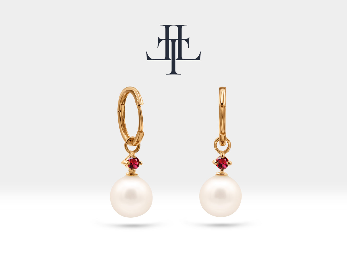 Bridal Jewelry with Round Cut Ruby Earrings in 14K Solid Gold Dangle Hoop Pearl Earrings for Women Wedding Jewelry