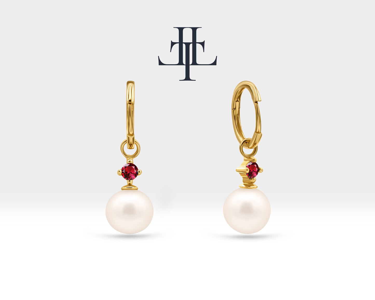 Bridal Jewelry with Round Cut Ruby Earrings in 14K Solid Gold Dangle Hoop Pearl Earrings for Women Wedding Jewelry