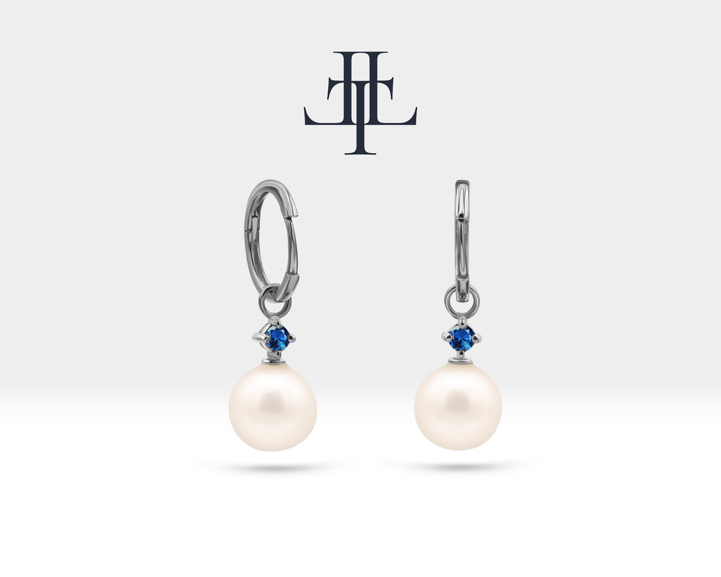 Bridal Jewelry with Round Cut Sapphire Earrings in 14K Solid Gold Dangle Hoop Pearl Earrings for Women Wedding Jewelry