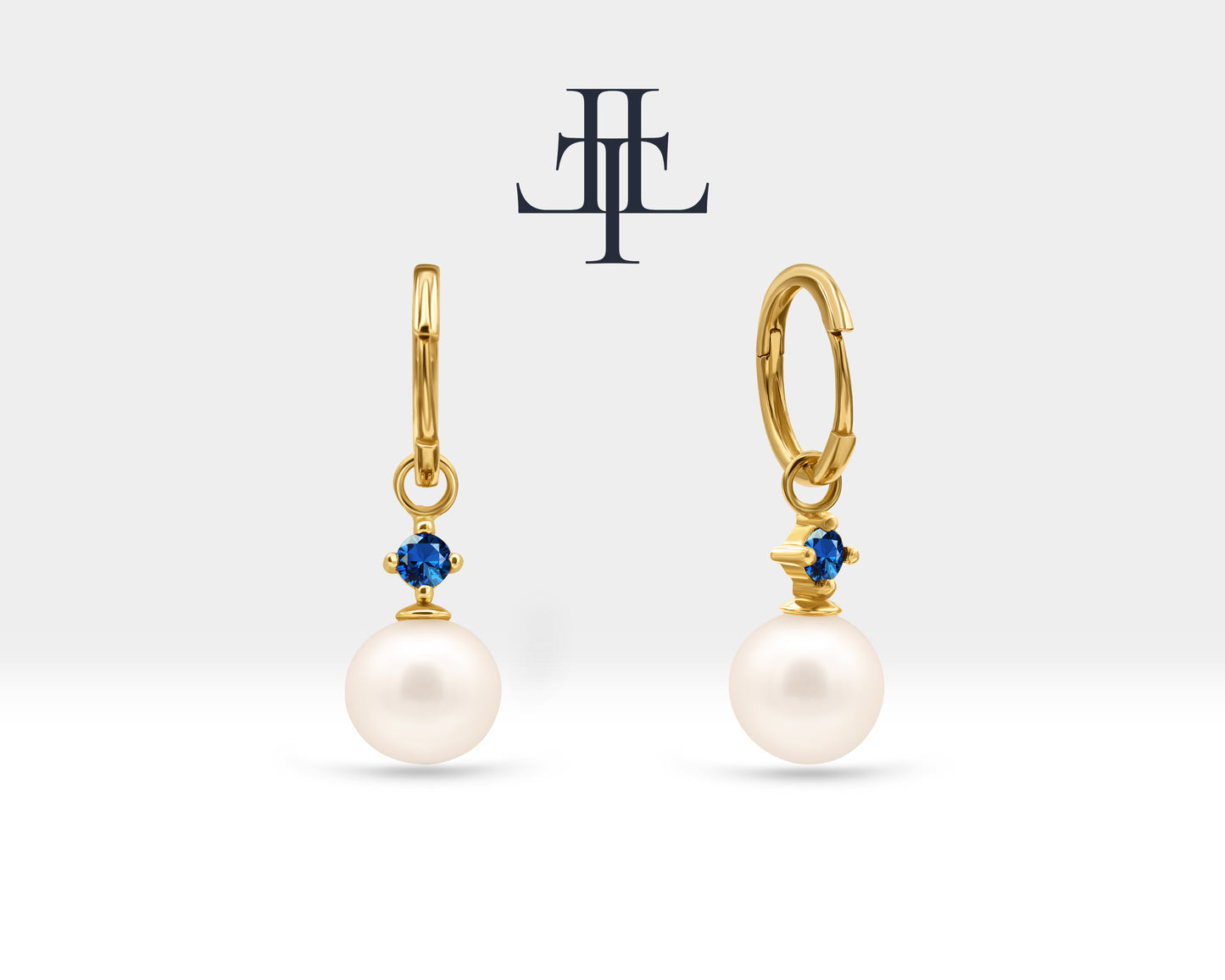 Bridal Jewelry with Round Cut Sapphire Earrings in 14K Solid Gold Dangle Hoop Pearl Earrings for Women Wedding Jewelry