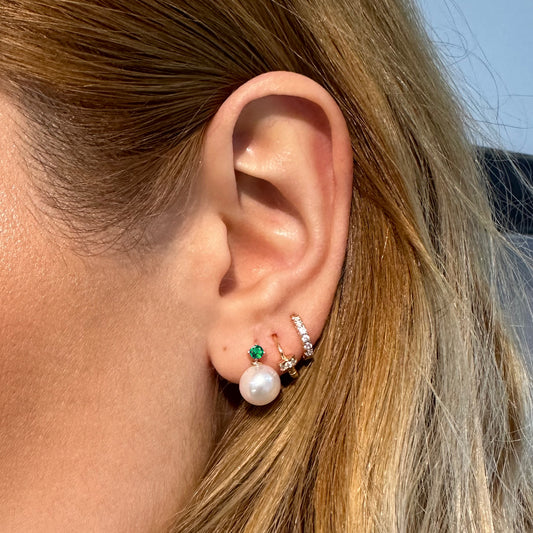 Pearl Earrings with Round Cut Emerald Earring in 14K Solid Gold Stud Earrings for Women Wedding Jewelry | LES00006PE