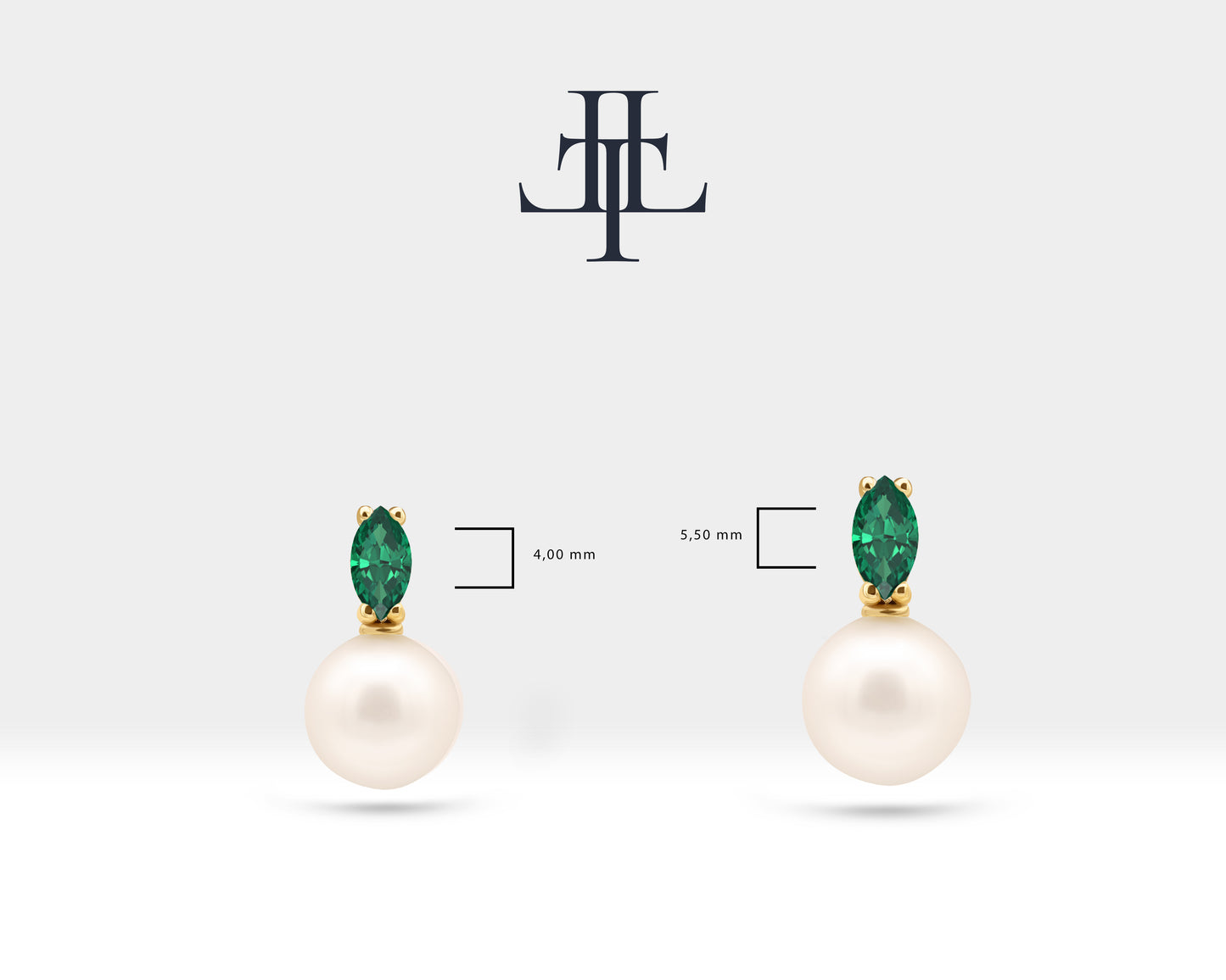 Pearl Earrings with Marquise Cut Emerald Earring in 14K Solid Gold Stud Earrings for Women Wedding Jewelry