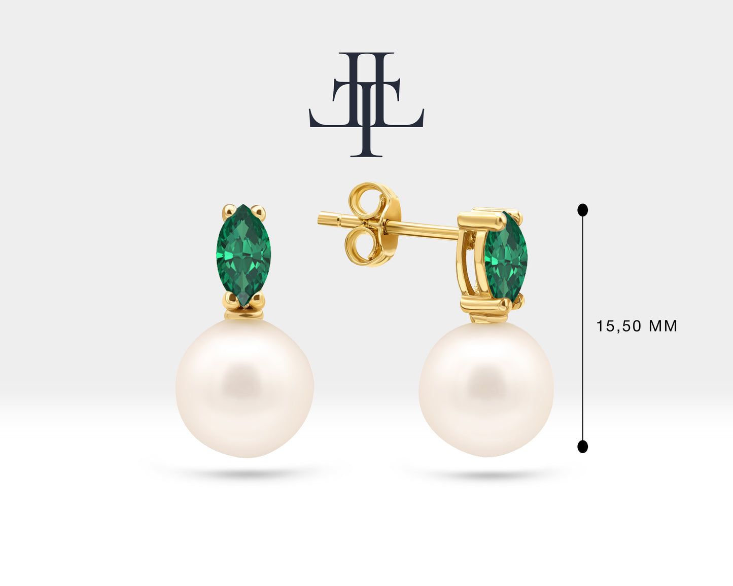 Pearl Earrings with Marquise Cut Emerald Earring in 14K Solid Gold Stud Earrings for Women Wedding Jewelry