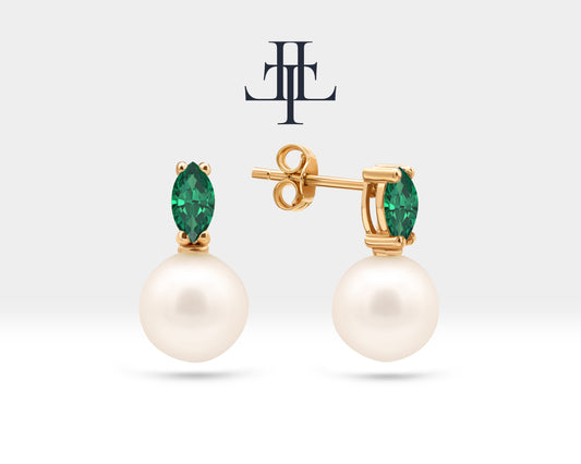 Pearl Earrings with Marquise Cut Emerald Earring in 14K Solid Gold Stud Earrings for Women Wedding Jewelry