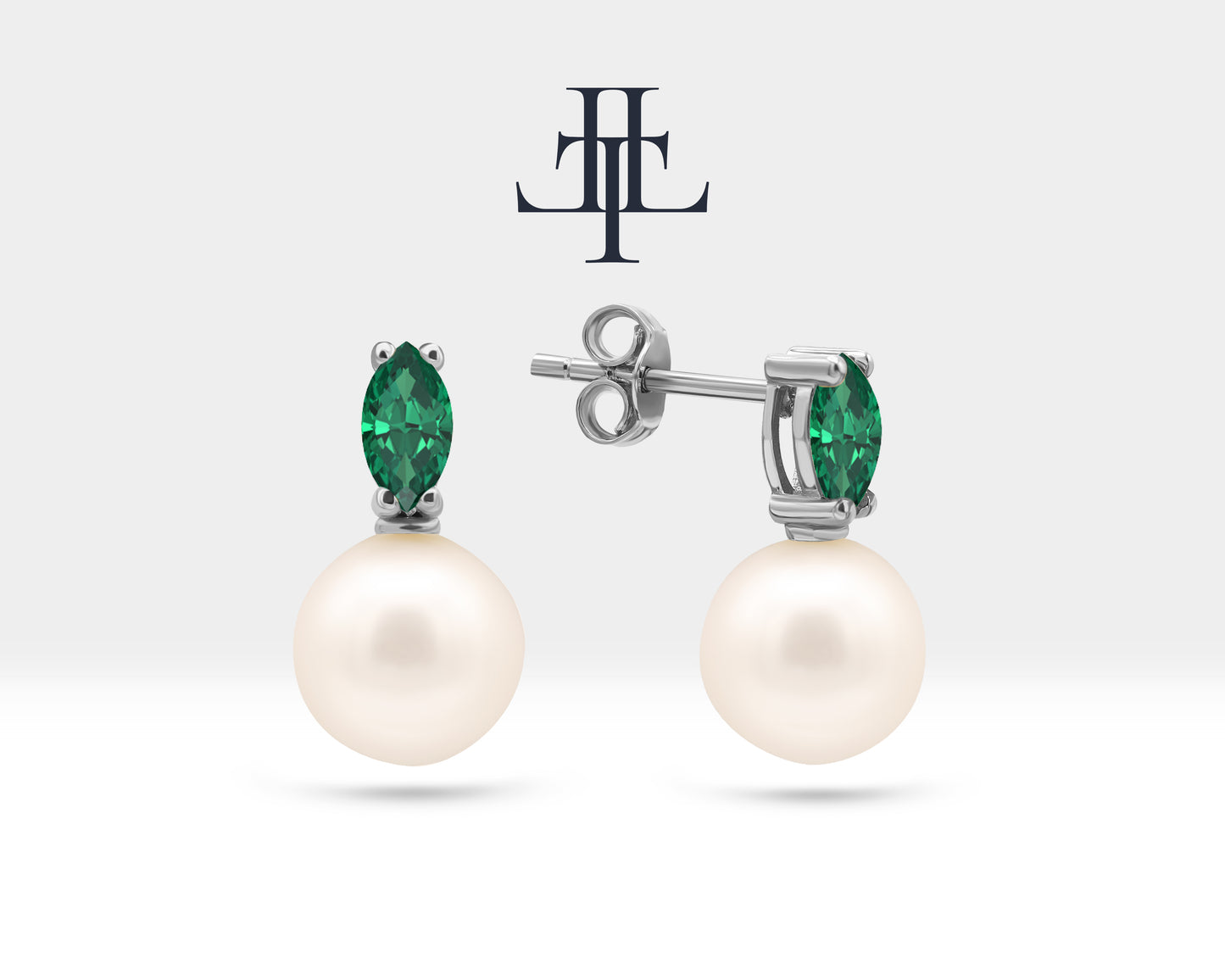 Pearl Earrings with Marquise Cut Emerald Earring in 14K Solid Gold Stud Earrings for Women Wedding Jewelry