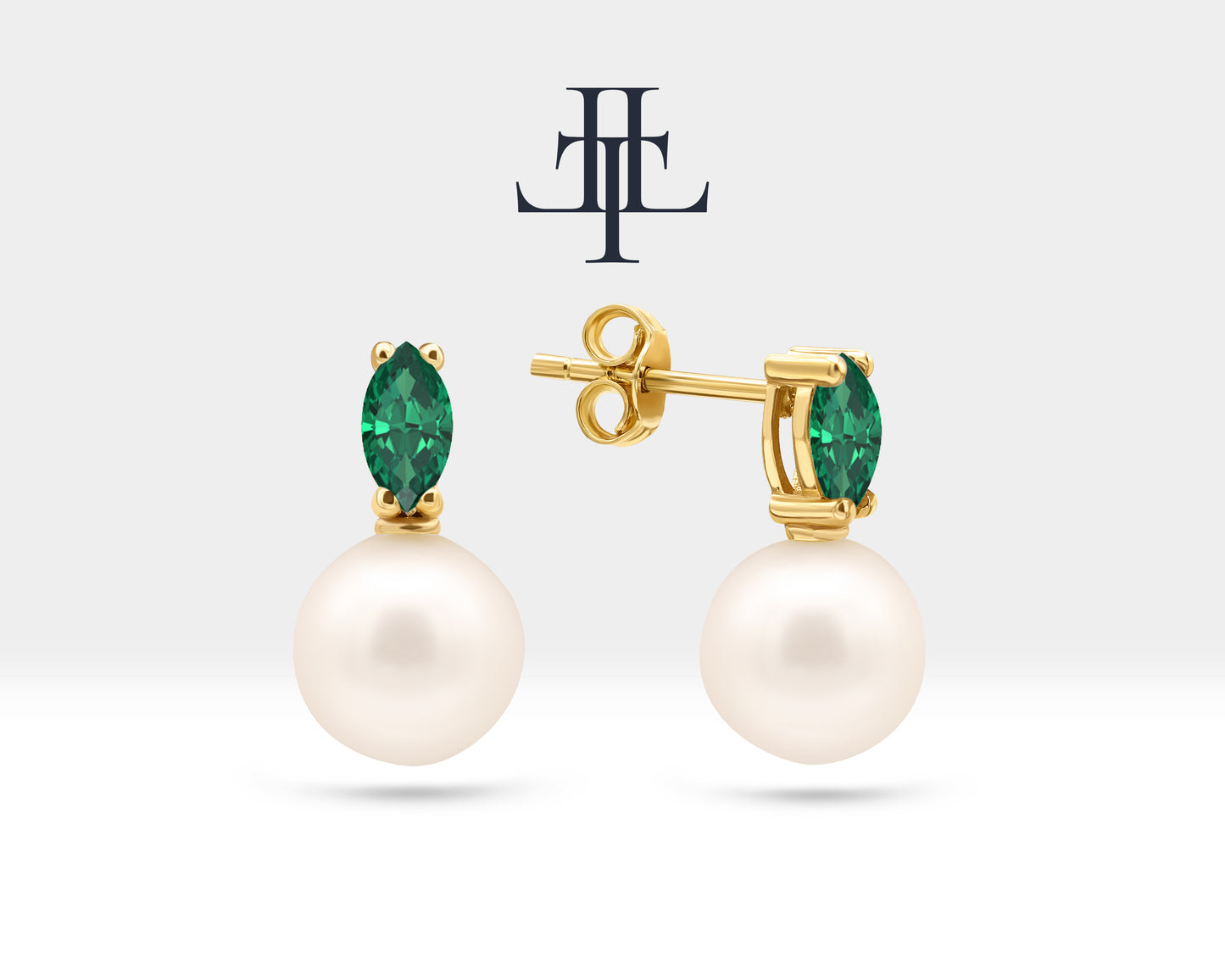 Pearl Earrings with Marquise Cut Emerald Earring in 14K Solid Gold Stud Earrings for Women Wedding Jewelry