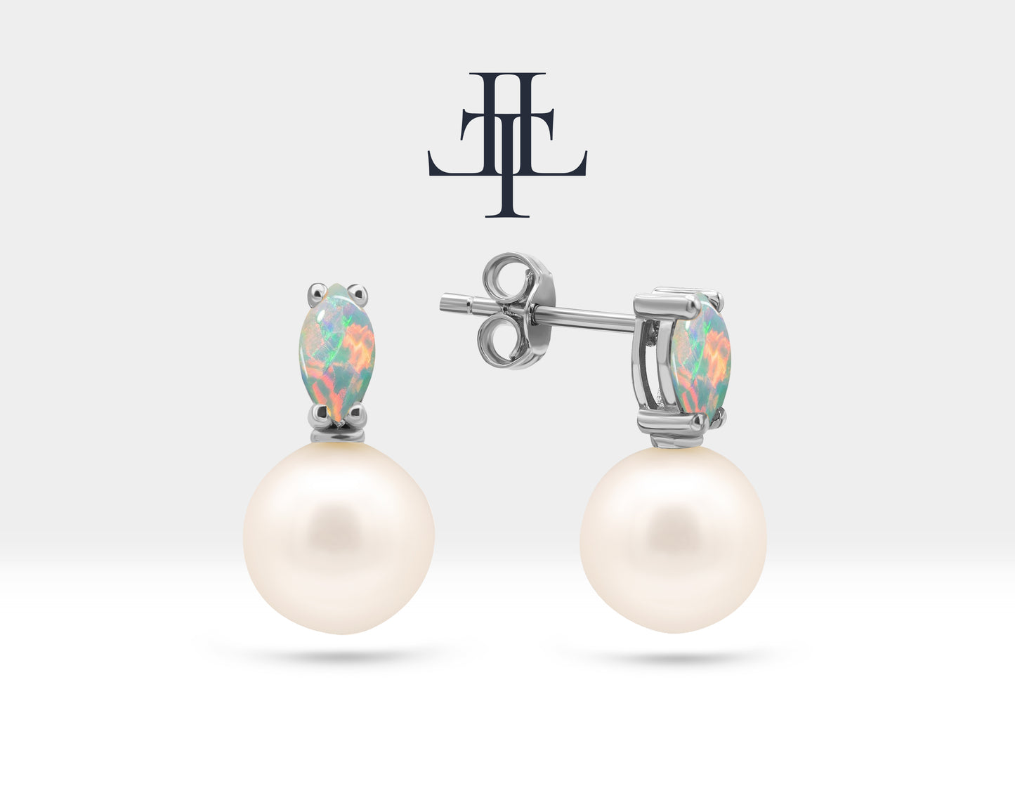 Pearl Earrings with Marquise Cut Opal Earring in 14K Solid Gold Stud Earrings for Women Wedding Jewelry